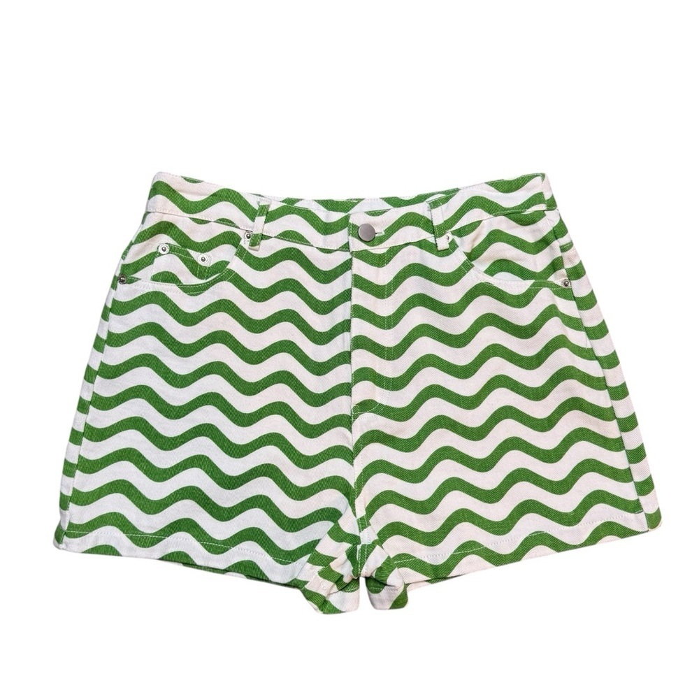 NWT Papermoon Green Wavy Stripe High Rise Denim Shorts 100% Cotton Women’s Large